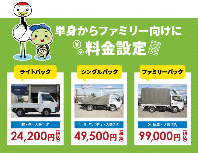 単身からファミリー向けに料金設定 ライトパック 軽トラ・人数1名 22,000円(税込) シングルパック 1.5t平ボディ・人数2名 44,000円(税込) ファミリーパック 2t幅車・人数2名 99,000円(税込)だ